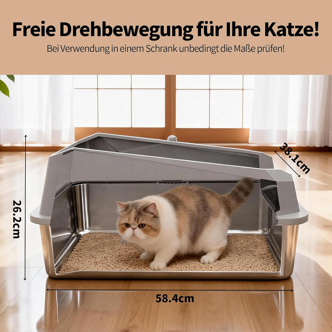 Edelstahl Katzentoilette mit Deckel, Hohe Wände, Grosse Katzen | Mehrkatzenhaushalte, Auslaufsicher,