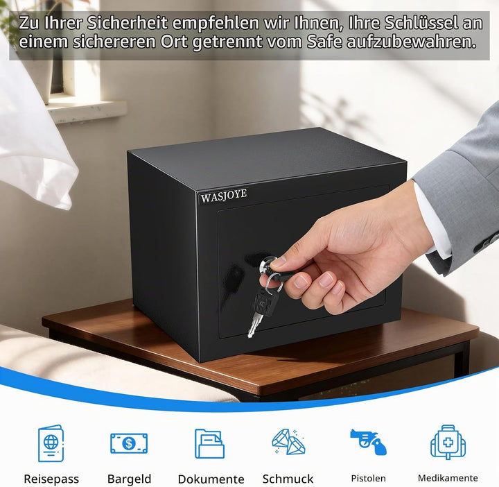 Mini Safe Tresor mit Schlüssel, WASJOYE Mini Tresor mit Schloss für Zuhause/Büro, 6.6L kleiner treso