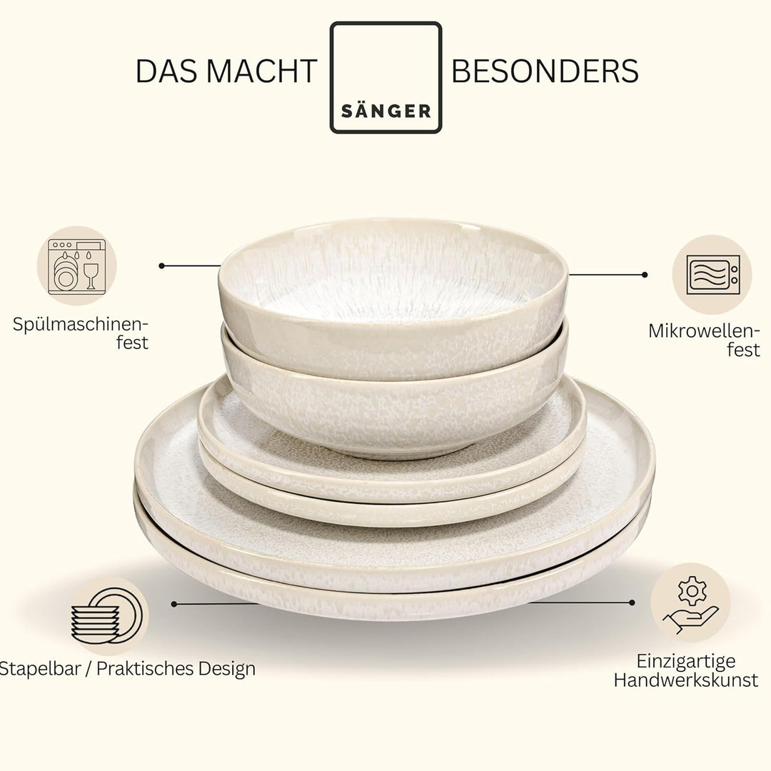 SÄNGER | Geschirrset Korfu 12 tlg, Tafelservice 4 Personen, Steingut Geschirr Handmade, Teller Set i