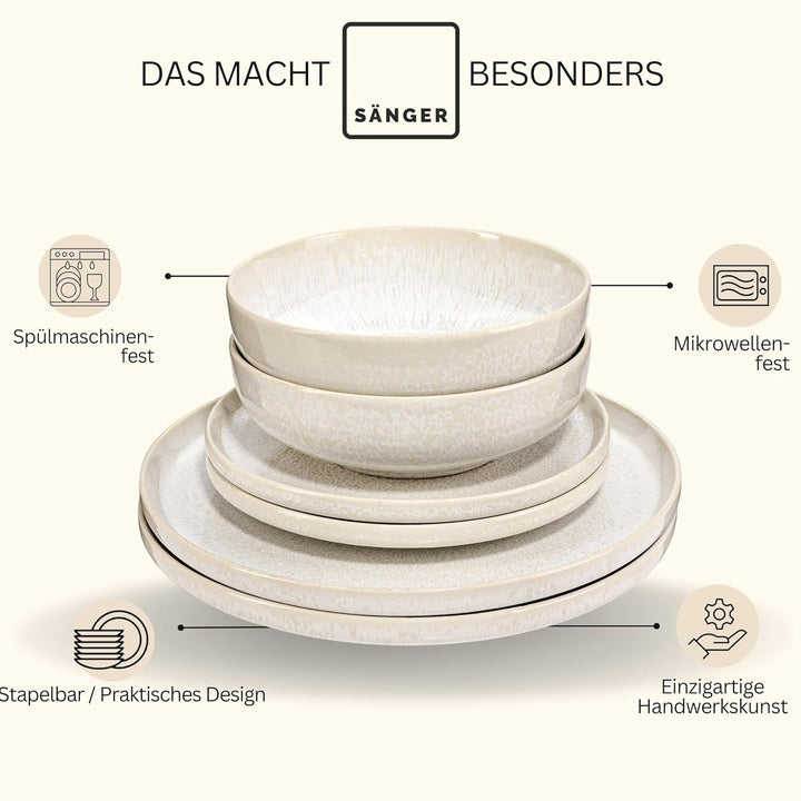 SÄNGER | Geschirrset Korfu 12 tlg, Tafelservice 4 Personen, Steingut Geschirr Handmade, Teller Set i