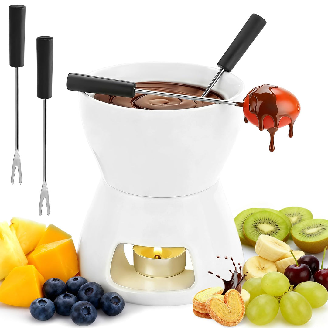 Keramik Schokofondue Tasse Set mit 4 Gabeln &amp; Teelichthalter, 300ml Schoko Fondue Tassen Butter Fond