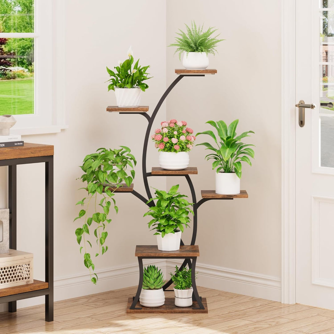Pflanzenständer mit Wachstumslicht - 7 Ebenen Blumenständer 112cm Metall Holz Pflanzenregal - Innen