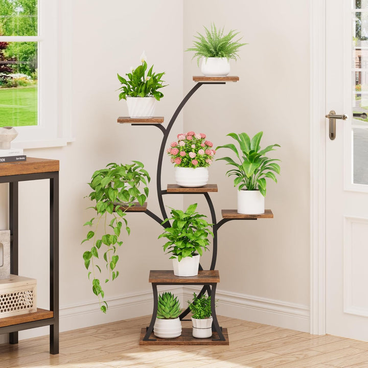 Pflanzenständer mit Wachstumslicht - 7 Ebenen Blumenständer 112cm Metall Holz Pflanzenregal - Innen