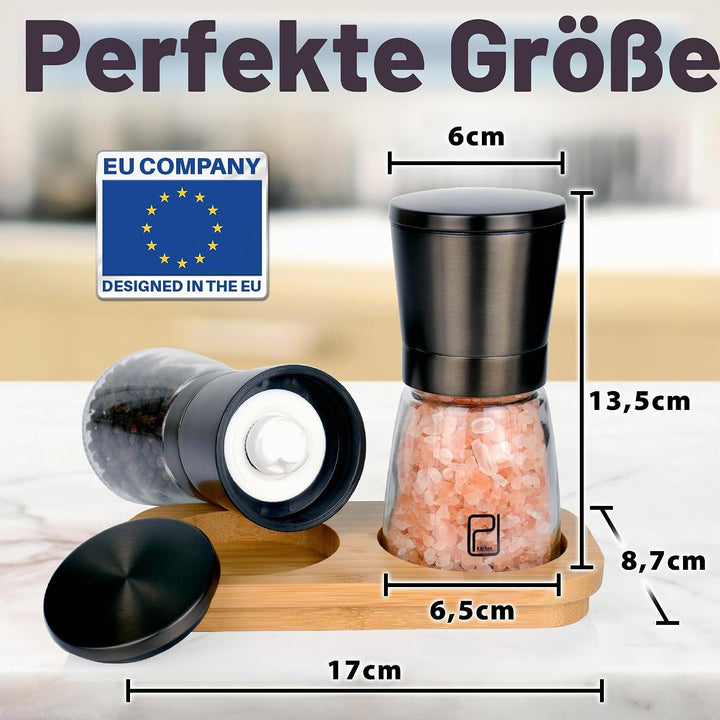 Schwarzes Edelstahl Gewürzmühle Set mit Ständer aus Bambus - Rotmetallgrauen Salz- und Pfeffermühlen