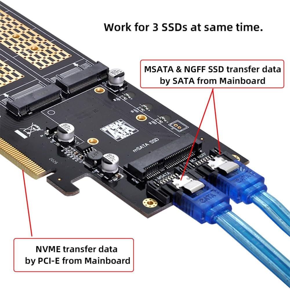 xiwai PCI Express PCI-E 3.0 und Dual SATA auf NGFF NVME MSATA M-Key B/M-Key SSD Adapter 3-in-1 PCI-E
