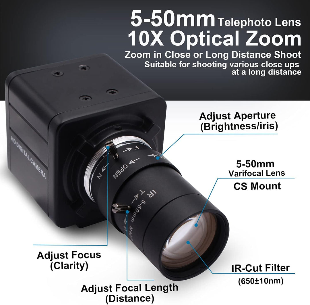 Svpro 5MP USB Kamera mit Zoomobjektiv 5-50mm,10X optischer Zoom Webcam Manueller Fokus mit Aptina MI