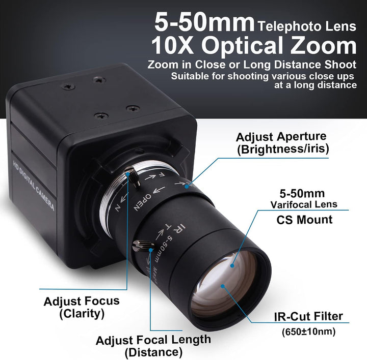 Svpro 5MP USB Kamera mit Zoomobjektiv 5-50mm,10X optischer Zoom Webcam Manueller Fokus mit Aptina MI
