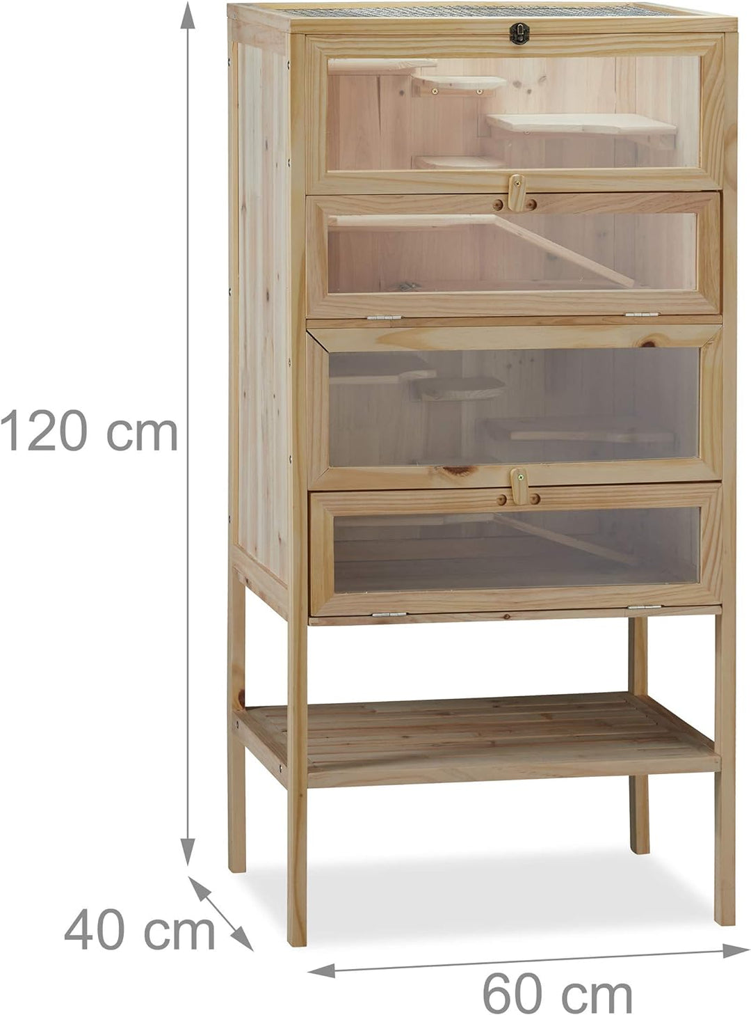 Relaxdays Hamsterkäfig aus Holz, 3 Etagen, Klappen, Sichtfenster, Gitterdach, Nagerkäfig XXL, HBT: 1