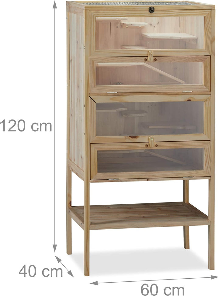 Relaxdays Hamsterkäfig aus Holz, 3 Etagen, Klappen, Sichtfenster, Gitterdach, Nagerkäfig XXL, HBT: 1