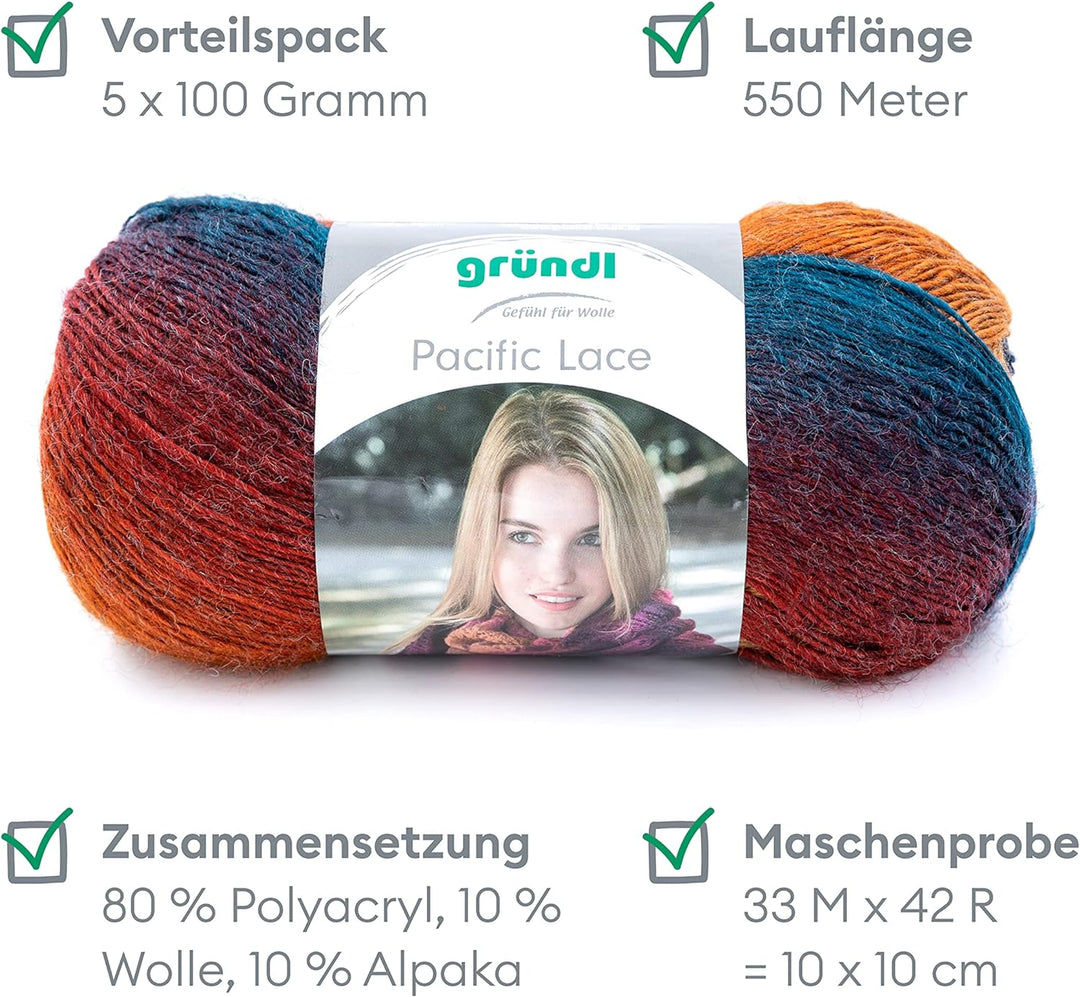 Gründl Pacific Lace, Packung 5 Knäuel à 100 g Handstrickgarn, 80% Polyacryl, Wolle, 10% Alpaka, pass