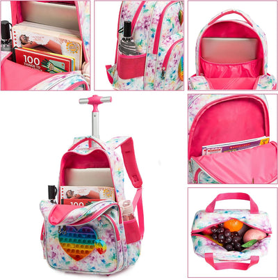 HTgroce Schulranzen mit Rollen für Mädchen Pop it Rucksack 16 Zoll Set 3 in 1 mit Lunch Bag Kinderga