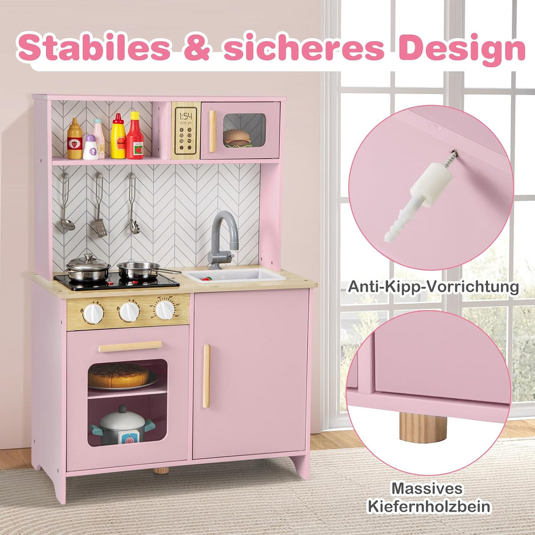 DREAMADE Kinderküche Holz mit Zubehör, Holzküche Mini Küche Kinder Küche mit Herd Ofen Waschbecken,