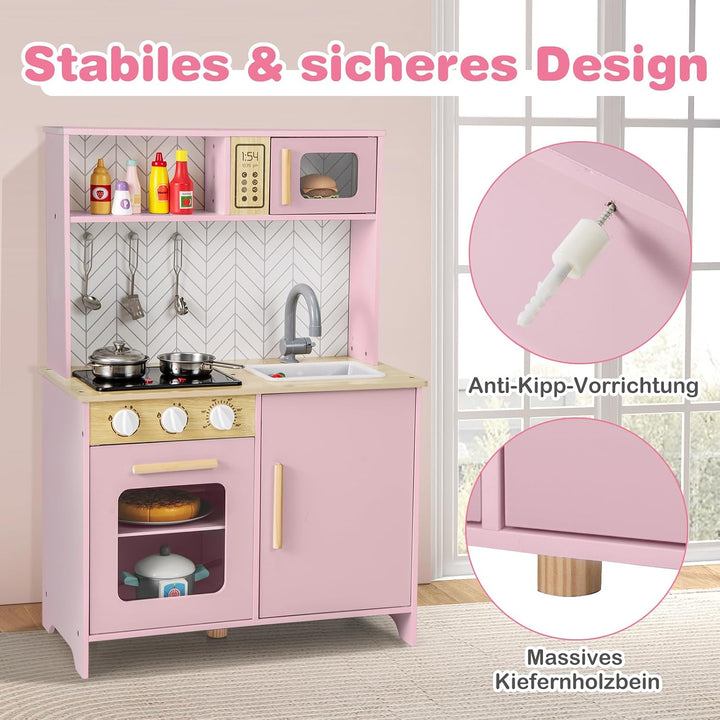 DREAMADE Kinderküche Holz mit Zubehör, Holzküche Mini Küche Kinder Küche mit Herd Ofen Waschbecken,