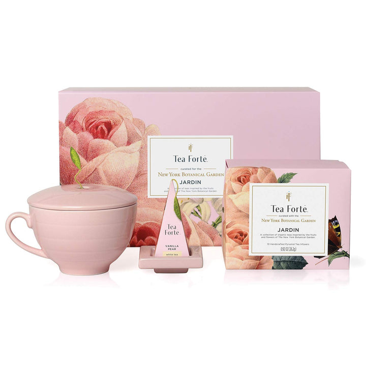 Tea Forte Geschenk-Set mit Kaffeetasse, Teetablett und 10 handgefertigten Pyramiden-Tee-Ei (Jardin)