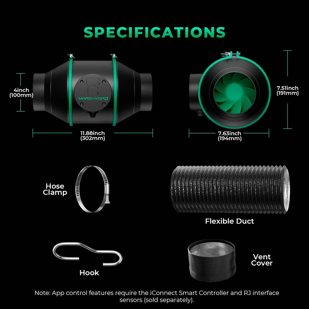 MARS HYDRO iFresh 10.2 cm Smart Inline Fan Combo mit variablem Geschwindigkeitsregler, Temperatur- u
