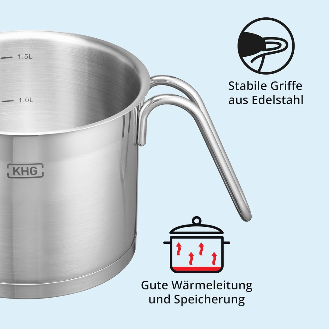 KHG Topf Kochtopf Milchtopf 14 cm Induktion, Edelstahl unbeschichtet | 11,5 cm hoher Rand, 1,5 Liter
