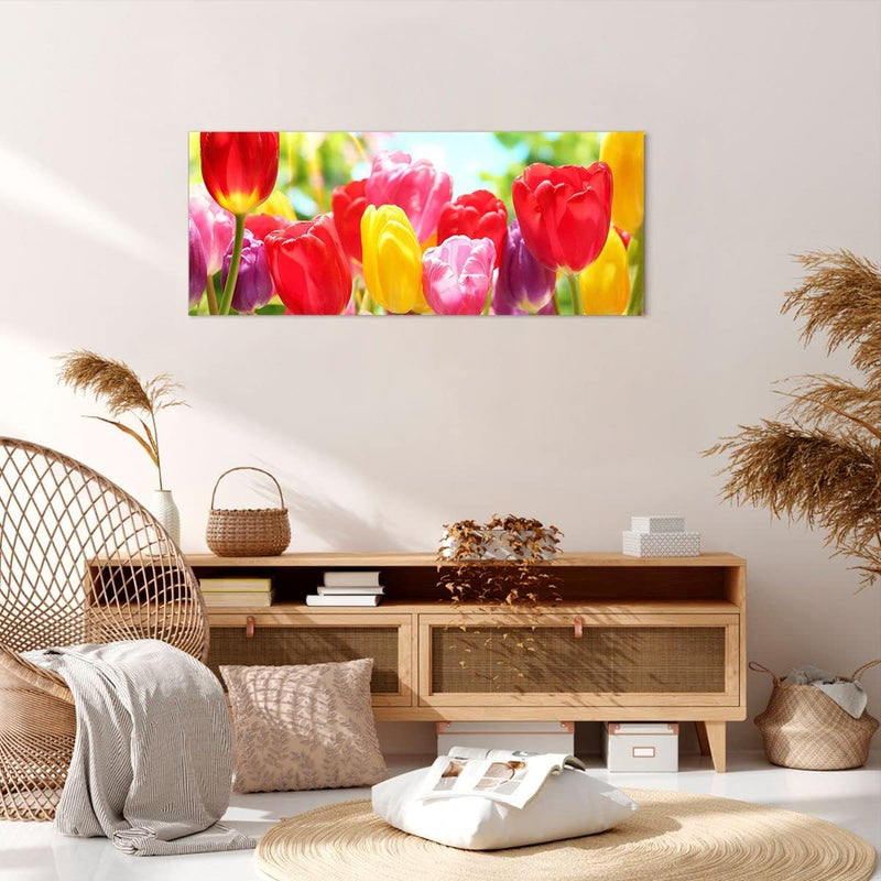 Wandbilder Dekoration Wohnzimmer Tulpe Blume Garten Plantage Panorama Bilder auf Leinwand 120x50cm L