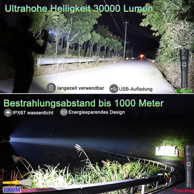 ASORT LED Taschenlampe super helle 30000 Lumen, IPX67 wasserdichte, USB-Aufladung, 5 Lichtmodi, geei