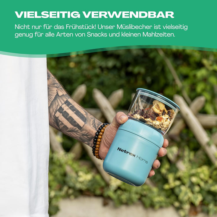 NetroxHome - Müslibecher To Go mit Löffel, Auslaufsicherer Joghurtbecher To Go aus Edelstahl, Lunchb