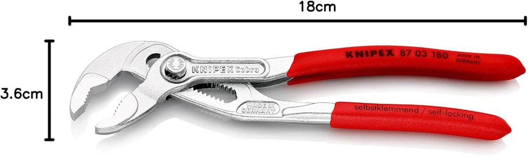 KNIPEX Cobra, Wasserpumpenzange | Rohrzange, Chrom-Vanadium, Rostschutz verchromt, 180 mm, 87 03 180