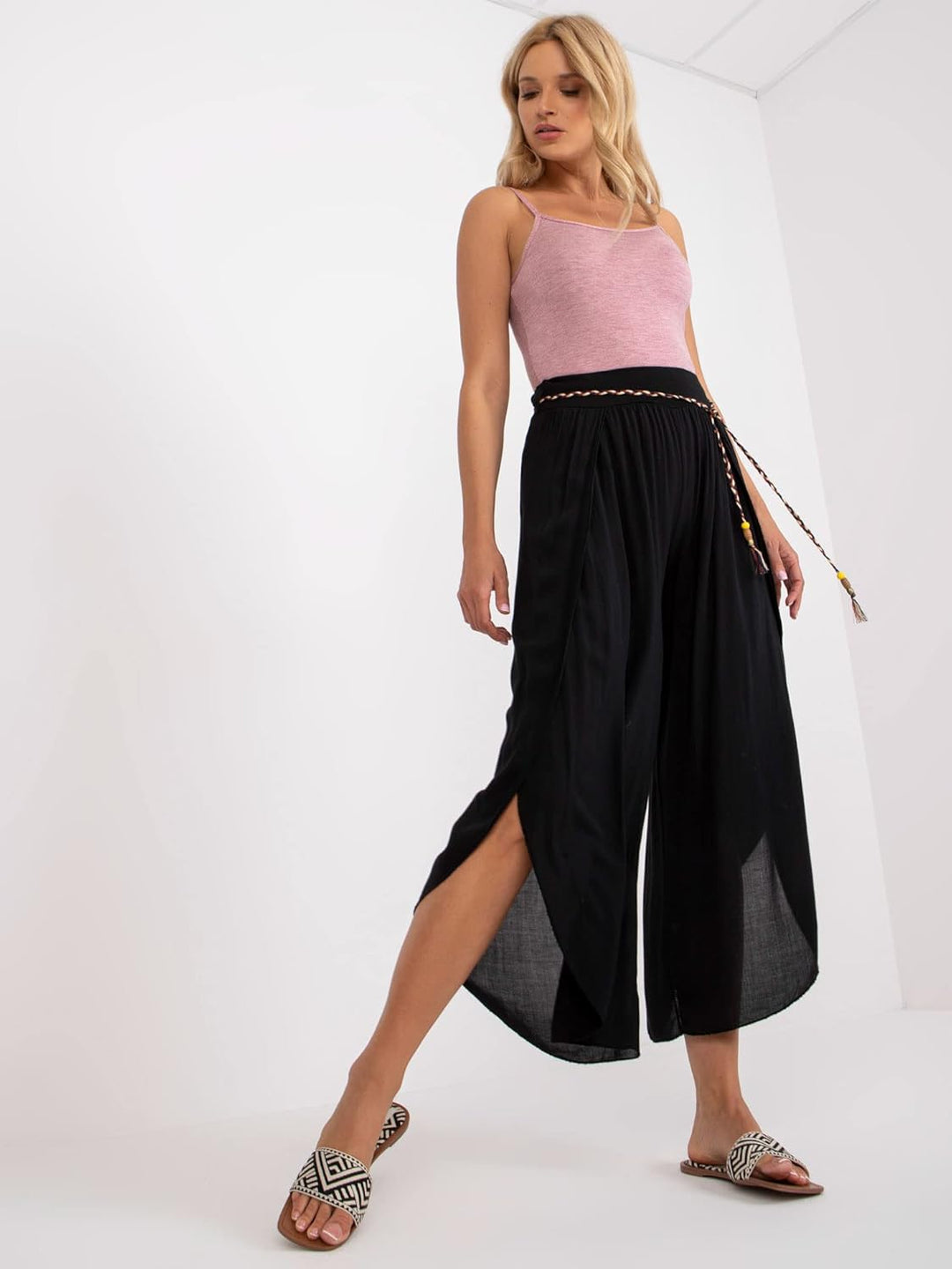 Weite Lockere Damenhose mit Geschlitztem Bein Damenhose mit Schlitzen Wickelbeinen, Luftig Leichte V