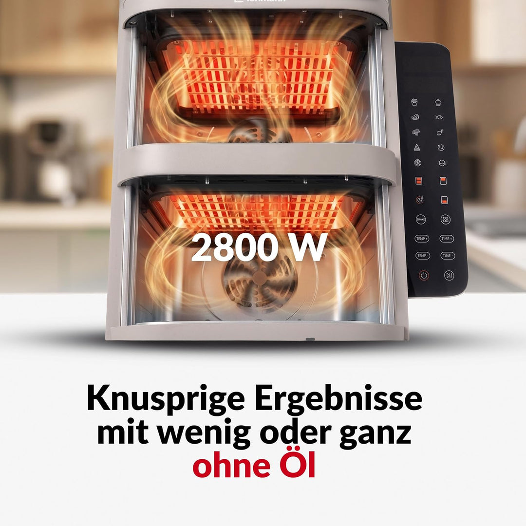 LEHMANN Heissluftfritteuse 2 Kammern XXL, 12 L, 2 vertikale Schubladen, 40-230°C, Antihaftbeschichtu