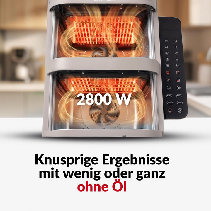 LEHMANN Heissluftfritteuse 2 Kammern XXL, 12 L, 2 vertikale Schubladen, 40-230°C, Antihaftbeschichtu