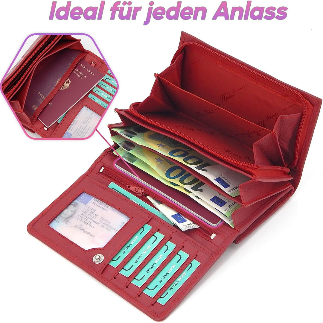 ekavale Damen-Geldbörse XXL aus Rindsleder mit RFID, Leder-Geldbörse mit Vielen Fächern für Frau (Ro