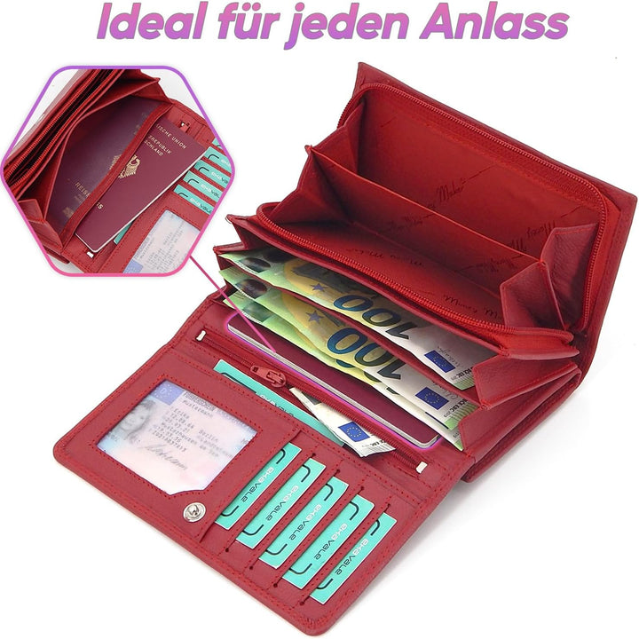 ekavale Damen-Geldbörse XXL aus Rindsleder mit RFID, Leder-Geldbörse mit Vielen Fächern für Frau (Ro