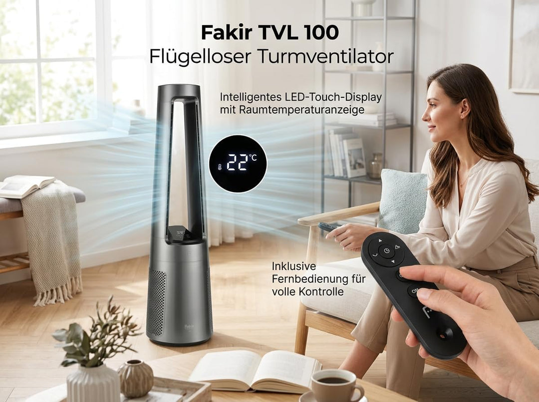 Fakir TVL 100 Flügelloser Turmventilator - DC-Motor, 12 Lüfterstufen, 30 dB(A), 60° Oszillation, 12h