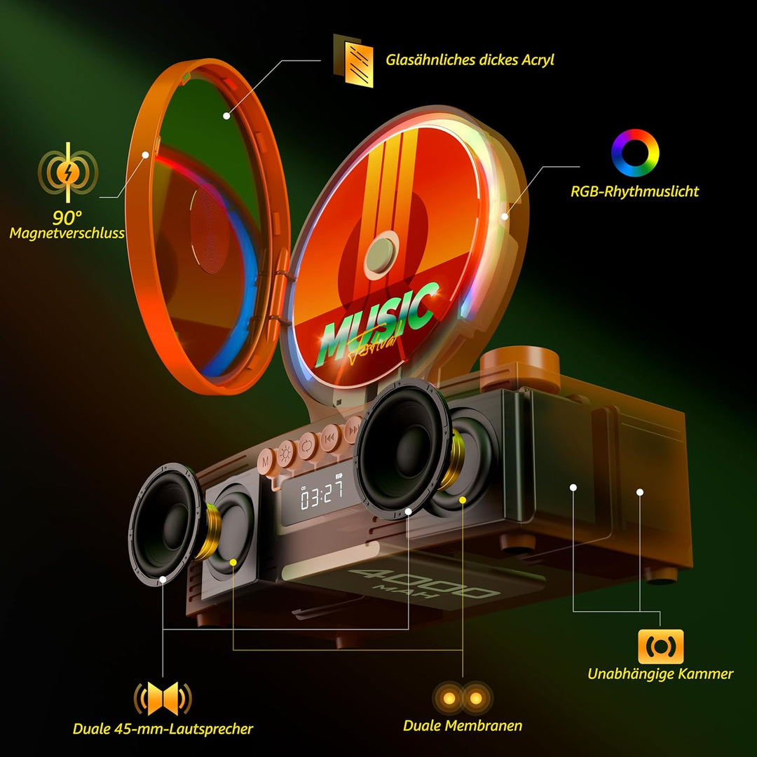 ROADOM Tragbarer CD-Player mit Bluetooth, Hi-Fi Stereo & Akku | Bluetooth TX & RX, 4000mAh Akku, Ret