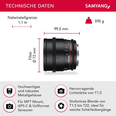 Samyang 7818 1,5/85mm Objektiv Video DSLR II MFT manueller Fokus Videoobjektiv 0,8 Zahnkranz Gear, P