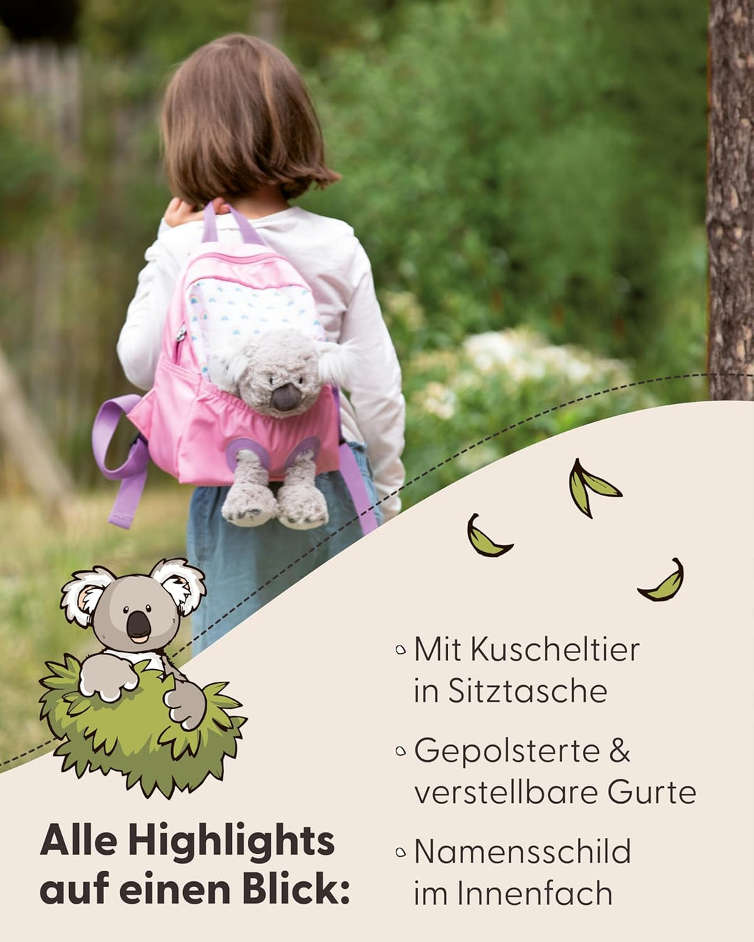 NICI Kinderrucksack rosa 2 in 1 mit Kuscheltier Koala 25cm - Kindergartenrucksack Mädchen & Jungen -