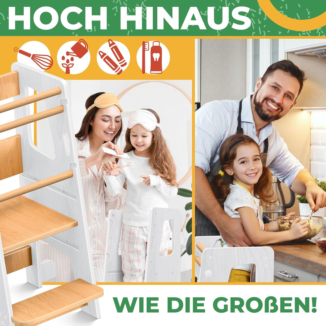KIDIZ® Lernturm für Kinder ab 1 Jahr inkl. Lernuhr | 3-stufig Höhenverstellbarer Tritthocker aus Kie