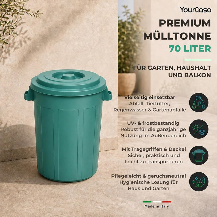 YourCasa Mülltonne 70L - Mülleimer mit Deckel verschliessbar - Tonne mit Trageriffen für Garten - Fu