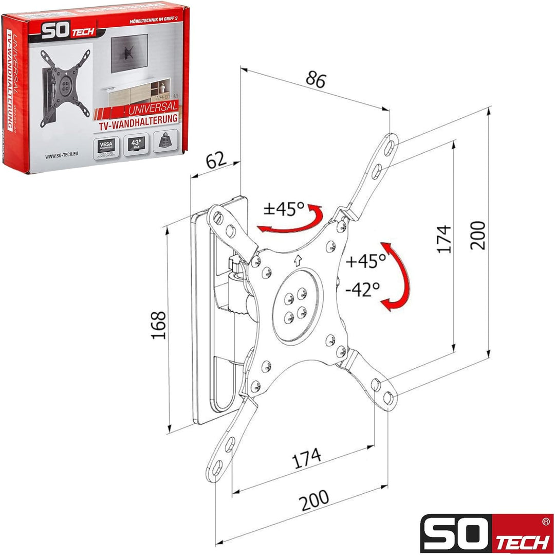 SOTECH TV Wandhalterung WH-01-43 | Drehbare, neigbare TV Halterung für 13-43 Zoll Bildschirmdiagonal