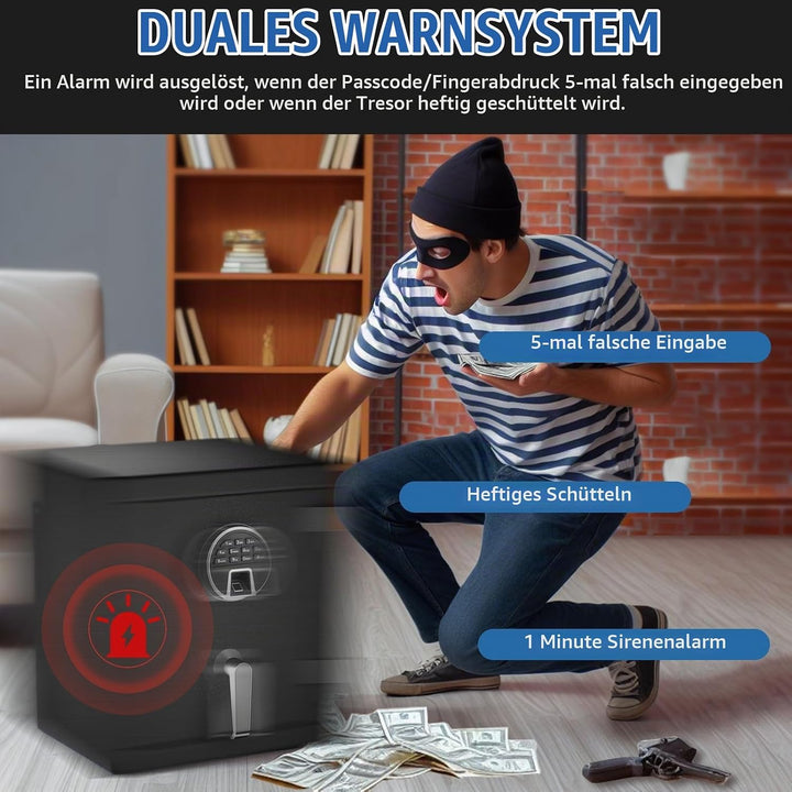 WASJOYE Biometrischer Feuerfester Tresor, Fingerabdruck Möbeltresore mit Digitale Tastatur und Typ-C