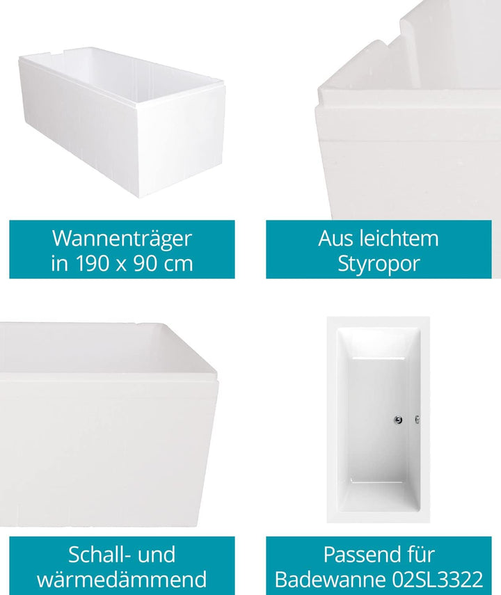 Calmwaters® Wannenträger 190 x 90 cm Modern Square 2, Passend für Rechteck-Badewanne 190x90 cm, Styr