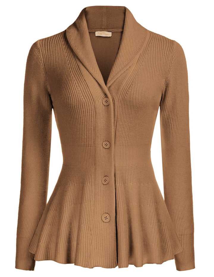 Belle Poque Damen Strickjacke Langarm Reverskragen Cardigan mit Rüschensaum Casual Strickmantel M Br