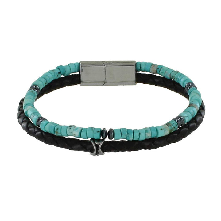 LES POULETTES BIJOUX - Mann Stahl Armband Schwarz Leder und Türkis Ringe 19.0 Zentimeter, 19.0 Zenti