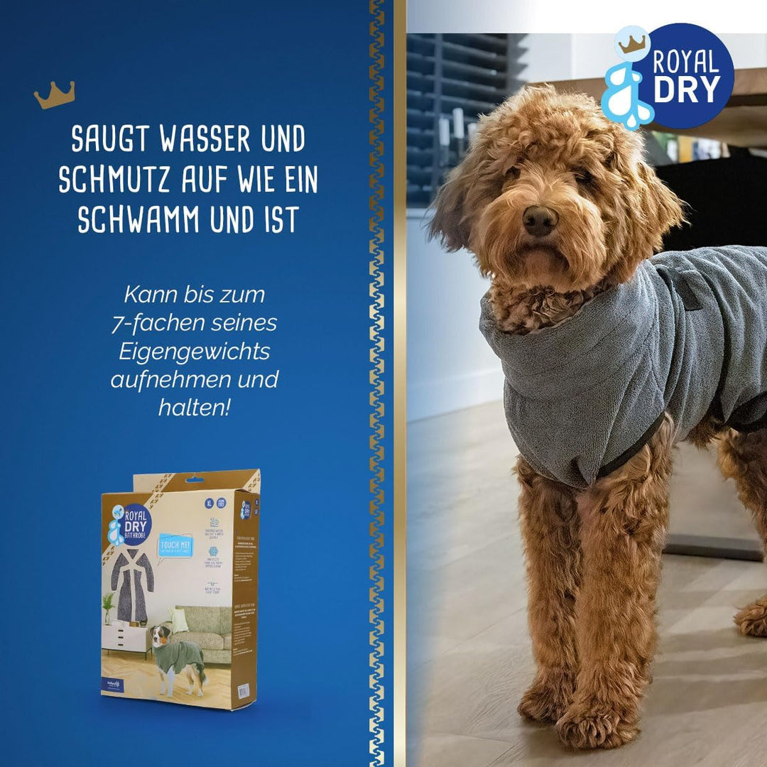 Royal Dry Bademantel Hund - Mikrofaser Hundebademantel - XL - Rückenlänge 70-80 cm - Grau, XL