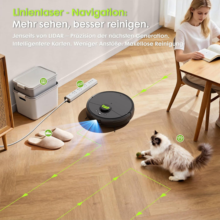 Saugroboter mit Wischfunktion 10,000Pa, Tierhaar-Schneider, Katzen-Laserspiel, Automatische Staubent