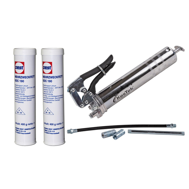 Mehrzweck Einhand Fettpresse EFP400 Set - Mit 2x Schmierfett IXELON GOC190, je 400g, ideal für präzi