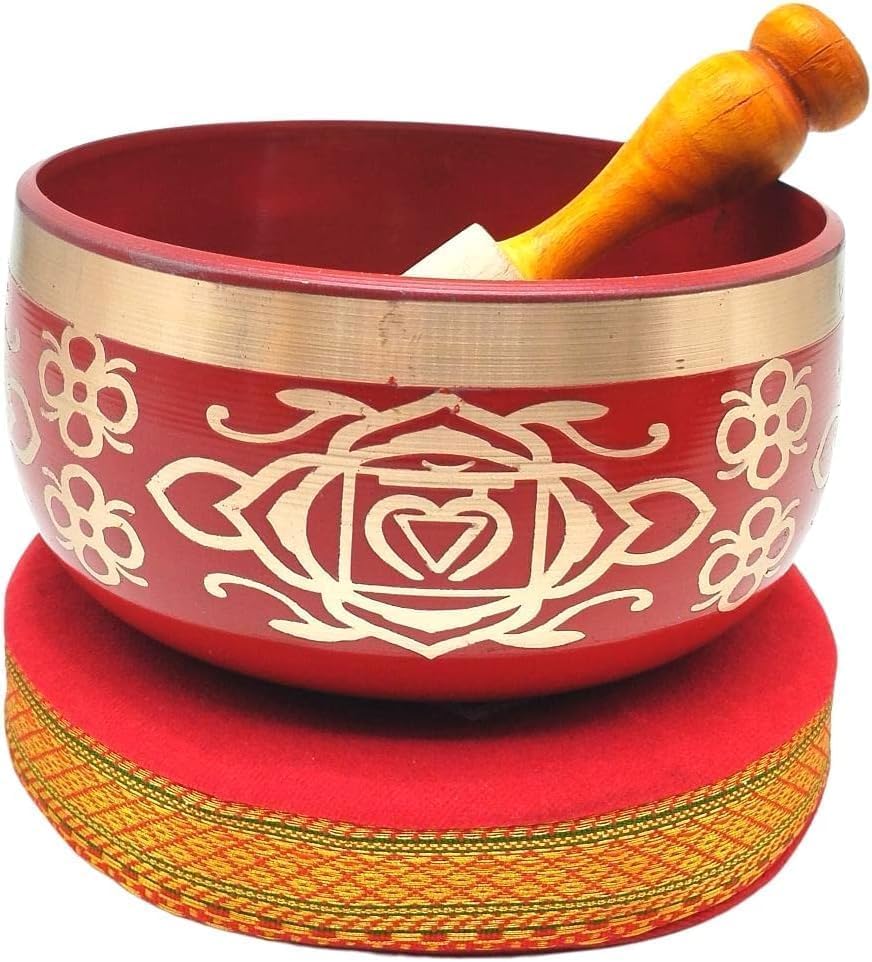 Tibetan Rot Singing Bowl Set mit Klöppel & Kissen - Handgefertigte Klangschale für Meditation, Klang