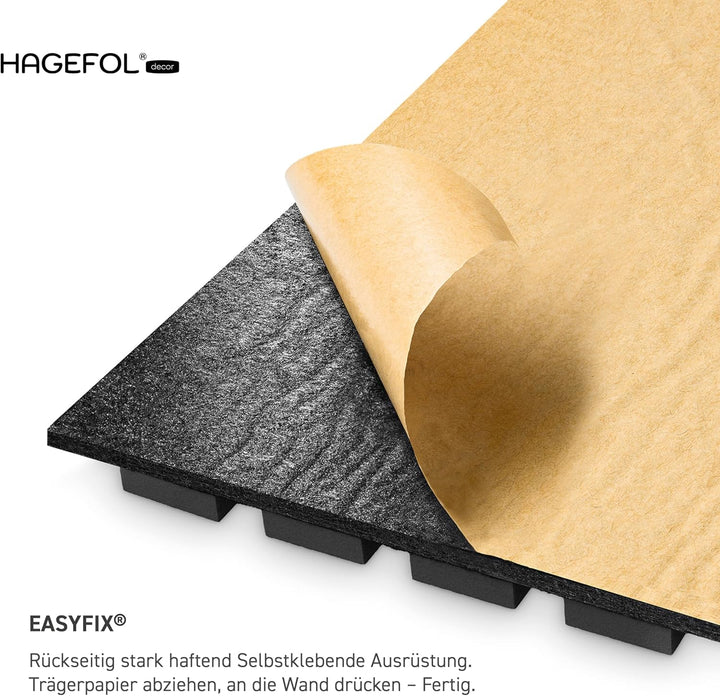 HAGEFOL® Akustikpaneele selbstklebend EasyFix, 240x56cm, Farbe: Schwarz Holz, Lamellen Wandpaneele f