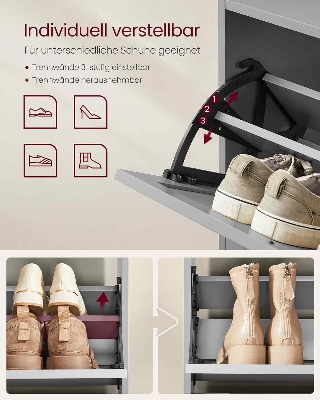 VASAGLE Schuhschrank 3 Klappen, Schuhkipper, Schuhregal, Schuhaufbewahrung, Oberplatte, Trennwand ve