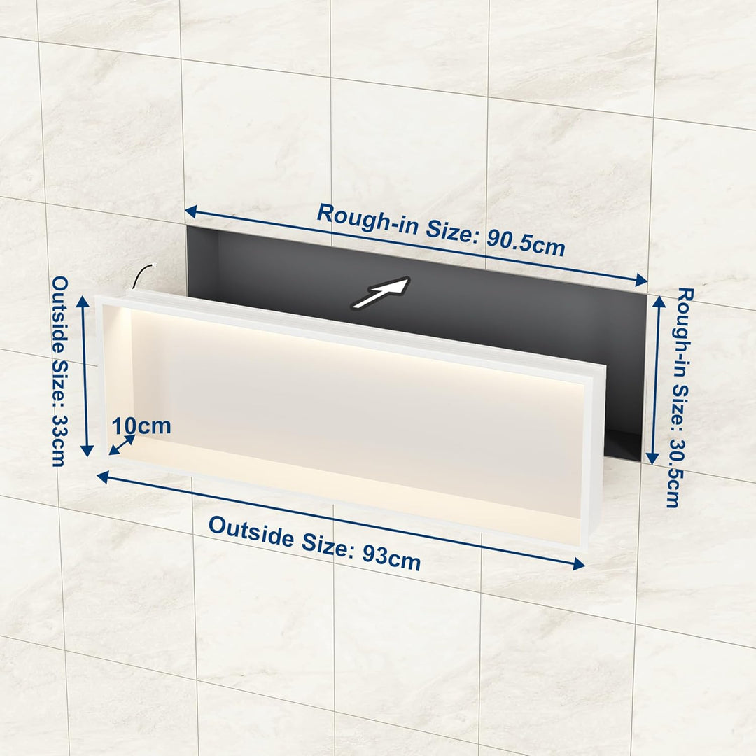 Wandnische Dusche Edelstahl mit LED-Beleuchtung, Duschnische Weiss Einzelregal Einbau-Nische mit Far