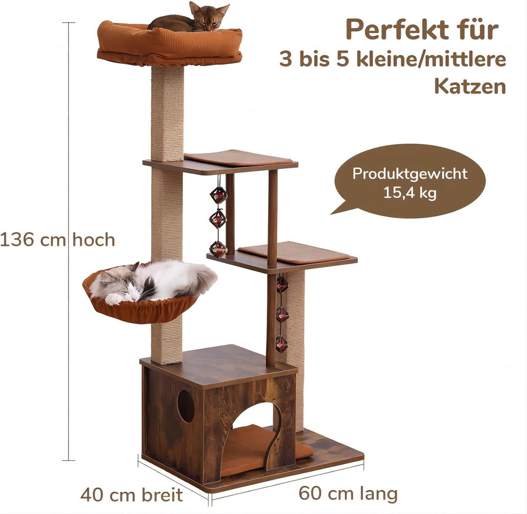 FUKUMARU Kratzbaum, 135 cm hoher Kratzbaum, mit Juteseil-Kratzpfosten und Hängematte, Katzenbaum mit