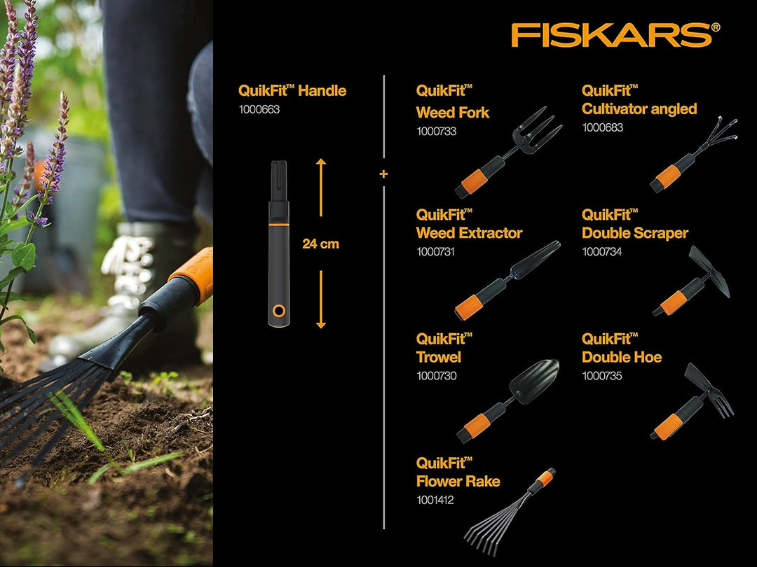 Fiskars Kleinfächerbesen, Werkzeugkopf, Mit 7 Zinken, Breite: 12 cm, Stahl-Zinken, Schwarz/Orange, Q