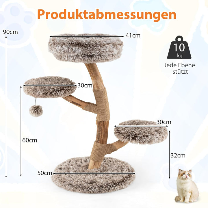 COSTWAY 90cm Kratzbaum Holz, Katzenbaum mit Kratzpfosten aus Massivholz und Jute, 4 Plüschsitzfläche